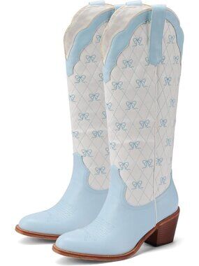 Women's Blue Bow Knee High Embroidered Cowgirl Boots Chunky Heel Pointed Toe